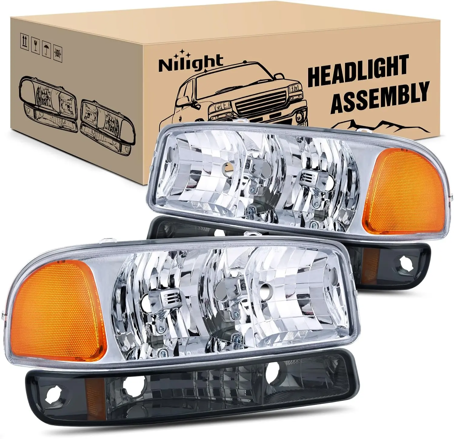 Nilight Headlight Assembly Replacement for 1999-2006 GMC Sierra/Yukon, Driver & Passenger Sides, Chrome Housing, Amber Corner, Smoke Bumper Light, Car Lighting Upgrade, Easy Install, Fogless, IP65, Corrosion Resistant, Dust-Proof