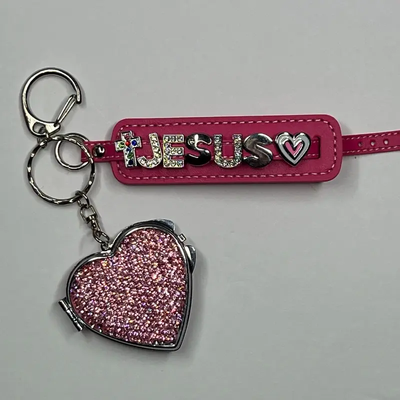 Jesus Heart Keychain with Glittering Pink Heart Charm mirror and Pink Strap