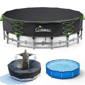 UIRWAY 600D Round Pool Cover with Reflective Strips, Swimming Pool Cover for Above Ground Pools, Solar Cover Including Rope Tie and Luminous Ground Nails