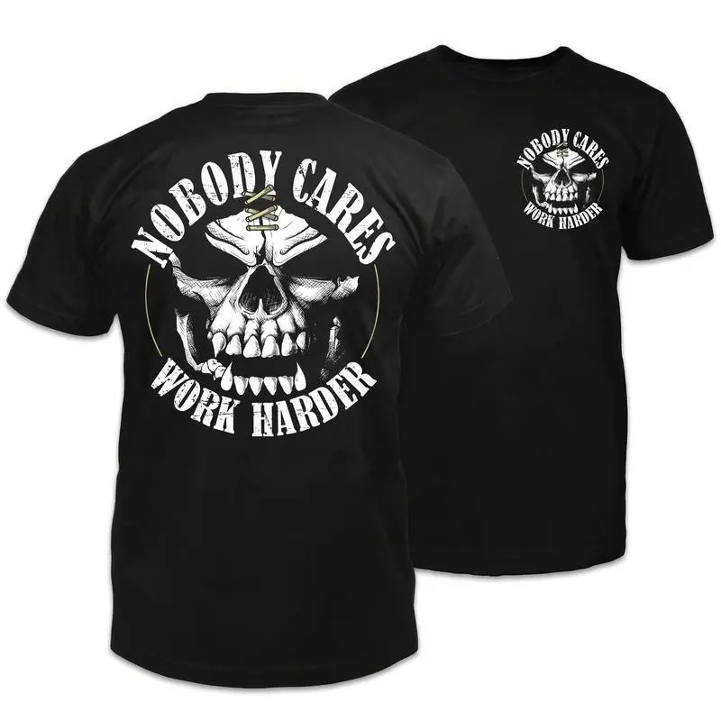 'Nobody Cares Work Harder' Graphic Tee, Unisex 2-Sided Skull Print Cotton Top, Relaxed Fit Crewneck for a Casual Office Vibe., Baseball, Cap