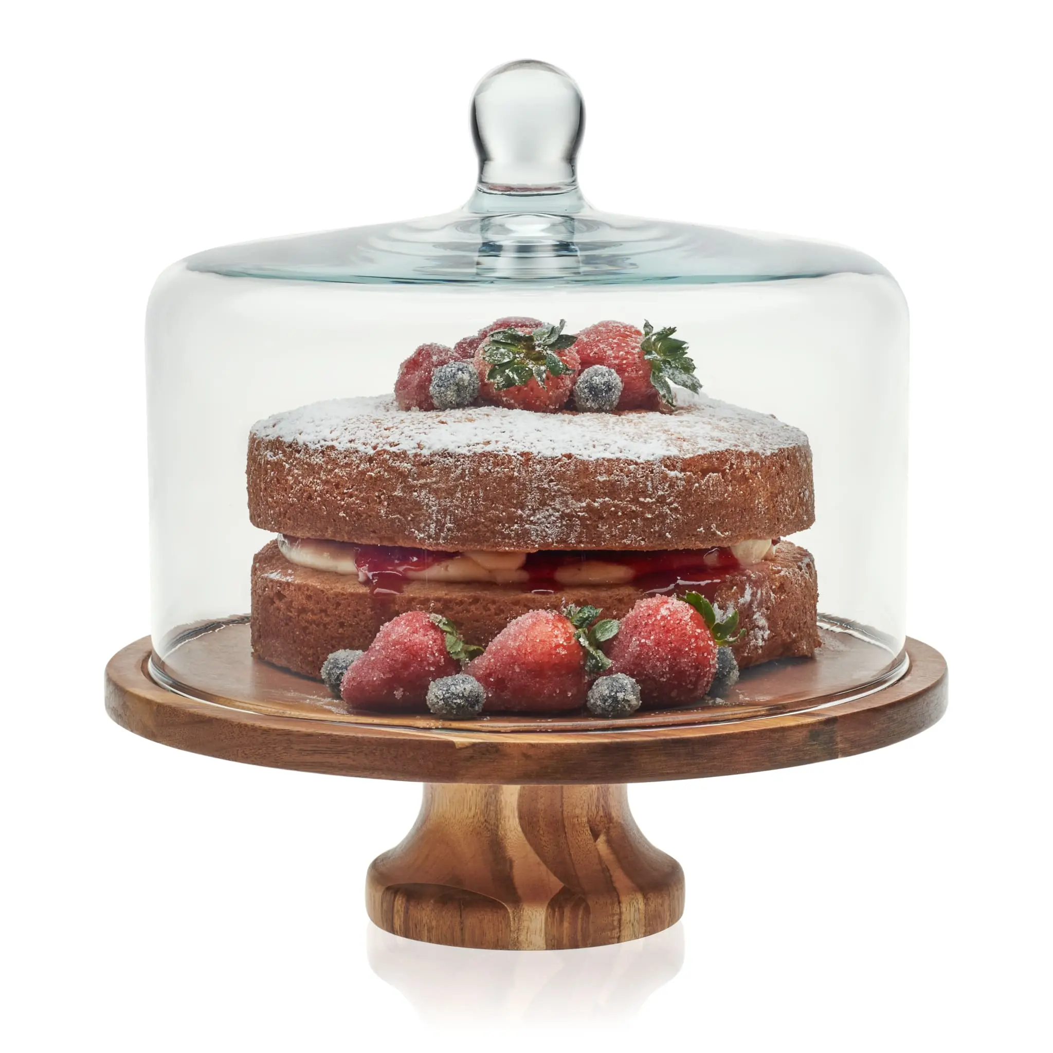 Acacia Wood Cake Stand with Glass Dome Lid, Footed Server with Handle