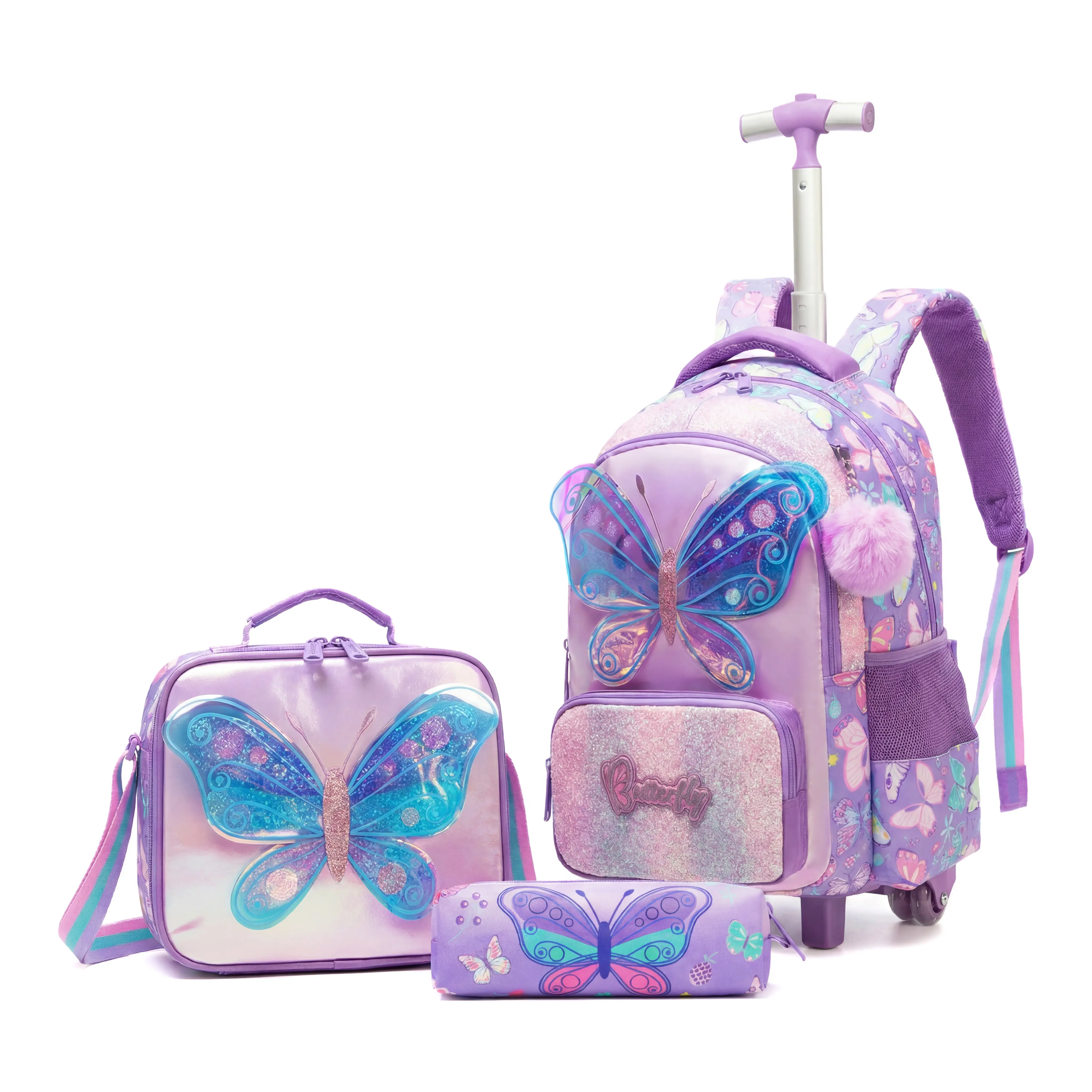Kids' Kawaii 3-Piece Synthetic 2-Wheels Rolling Backpack Set, Mermaid Cat Pattern, Luggage Trolley with Lunch Box & Pencil Case for Elementary School Travel