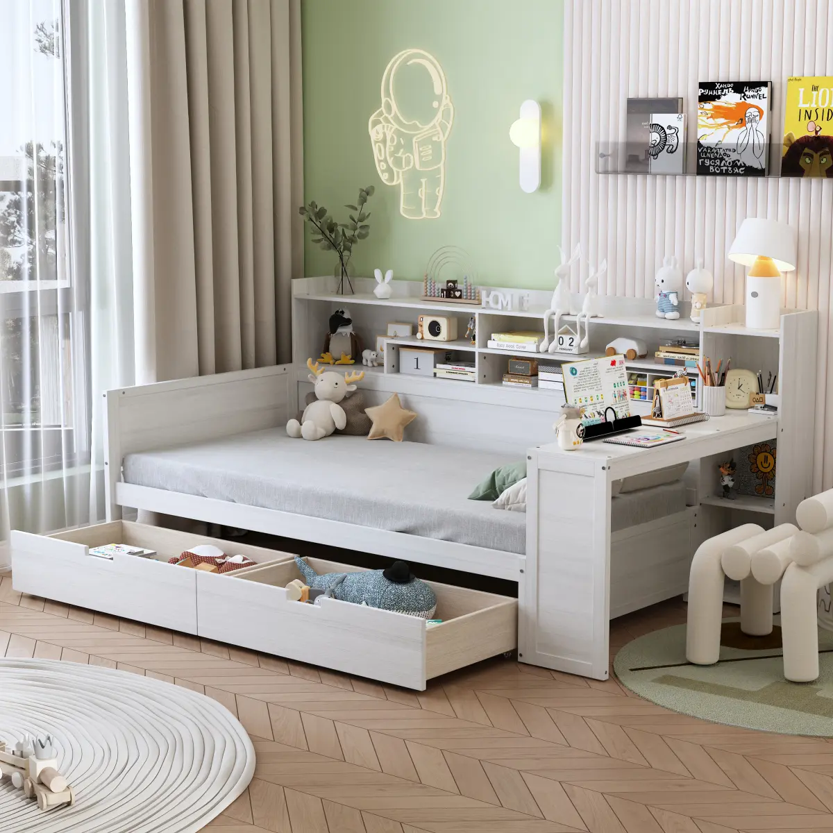 [Bellemave] Wooden Daybed with Study Desk, Multi-functional Bed Frame with 2 Storage Drawers & Storage Headboard, No Box Spring Needed, Easy Assembly
