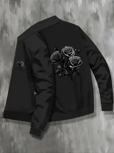 Men's Floral Print Stand Collar Long Sleeve Baseball Jacket, Casual Fashion Fitted Lightweight College Style Coat, Winter Geometric Pattern Outerwear