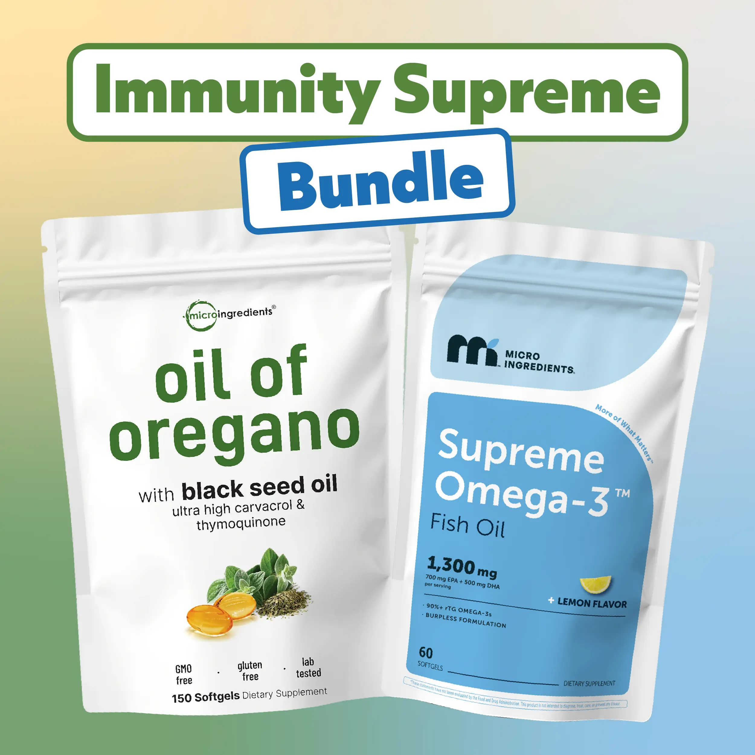 Micro Ingredients Immunity Supreme Bundle: Oregano Oil with Black Seed Oil 150 Softgels & Supreme Omega-3 Fish Oil 60 Softgels