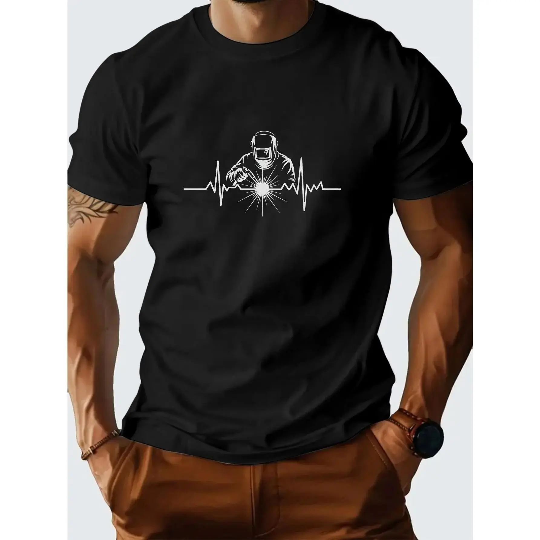 Men's heavy-duty welding T-shirt, industrial workwear with lightweight welding patterns and welding helmet design, loose short sleeved round neck, suitable for all seasons