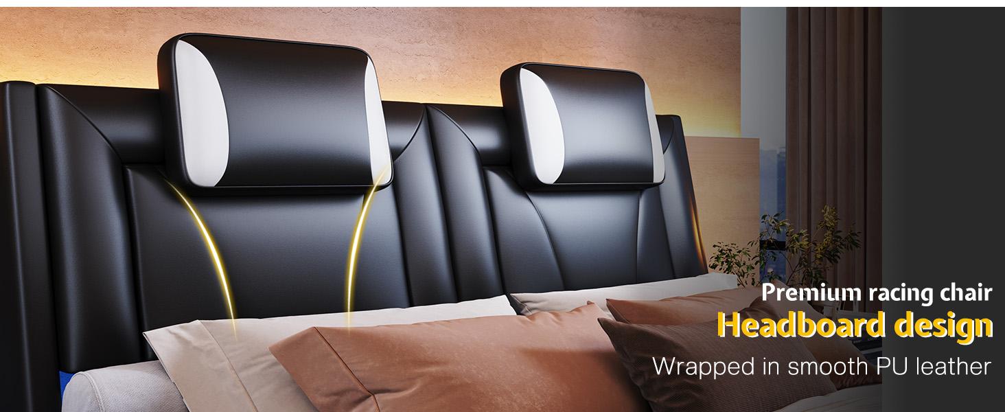 AMERLIFE Bed Frame with LED Lights, Remote&APP Control, Modern Faux Leather Upholstered Bed with Headboard, Wave Like Curve Design, Safety&Comfy, No Box Spring Needed/Luxury Furniture/Full/Queen Size/Best Gift Ideas/Christmas Gifts