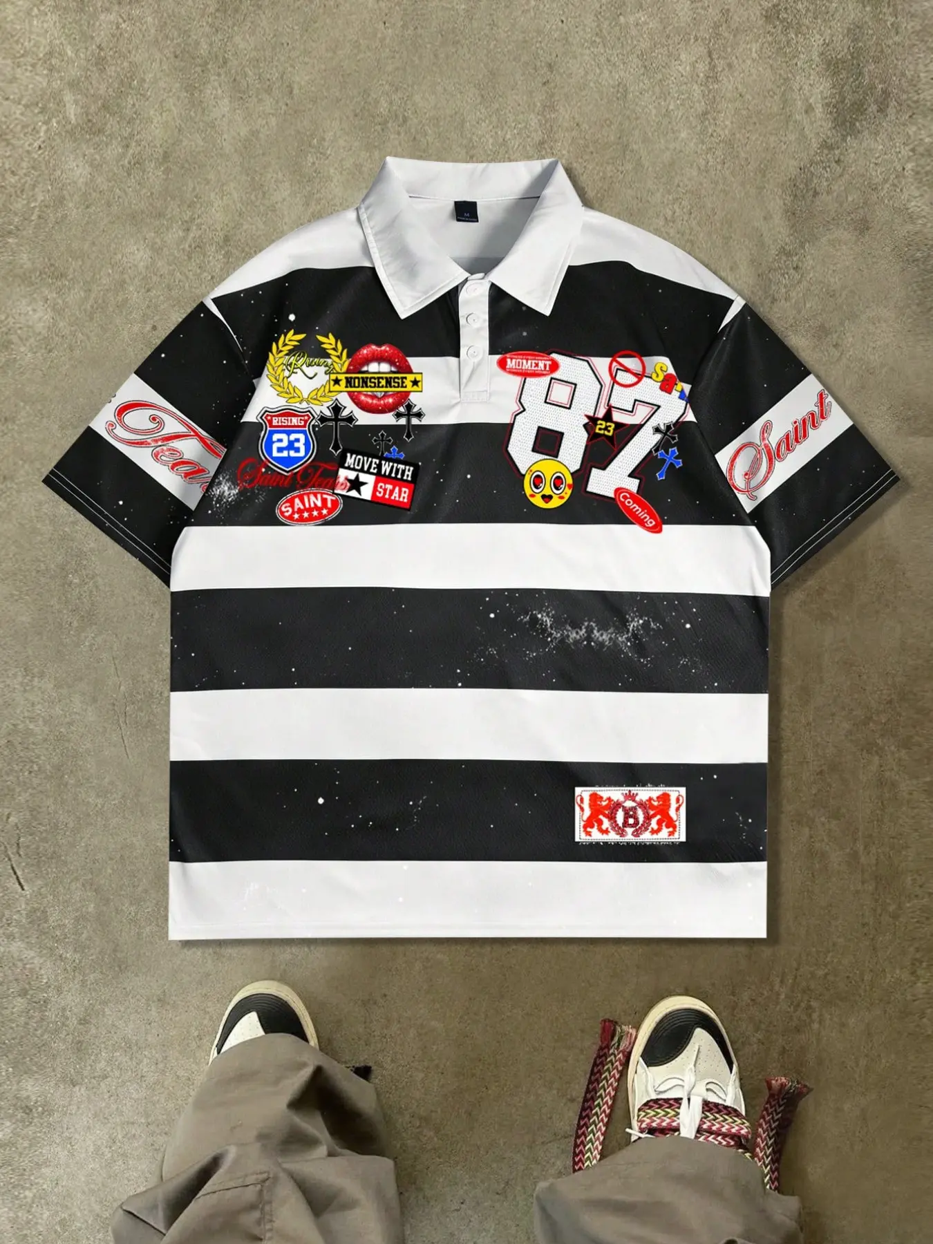 Street fashion brand black and white striped space printed polo collar short sleeved t-shirt Unisex, Classic with 87 digital stripes, black and white lapel t-shirt, short sleeved summer polo shirt for European and American casual wear Top