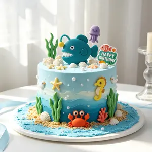 Cute Underwater Creature Cake Toppers, Polymer Clay Seaweed & Coral Picks for Kids Party