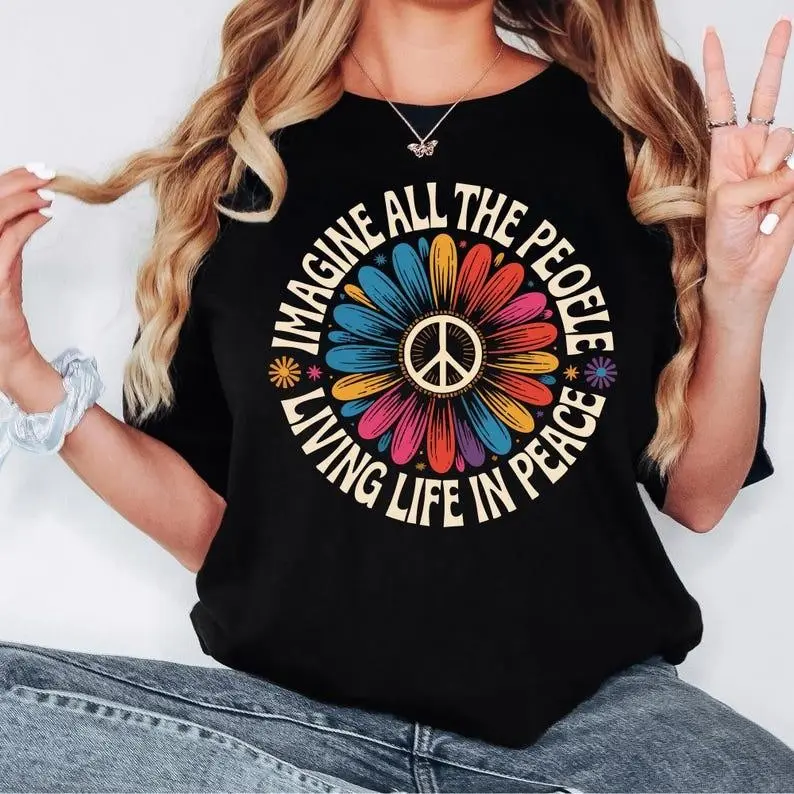 Women's Loose-Fit Casual Unisex 100% Pure Cotton Round Neck Short-Sleeve T-Shirt - Breathable Fold, Peace Sign Art, Imagine Floral Daisy Hippie Boho Graphic Print, "Imagine All the People Living Life in Peace" Everyday Top