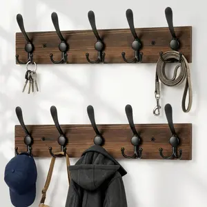 Wooden Coat Rack Wall Mount Heavy Duty, 2 Pack Coat Hanger Wall Mount with 5 Triple Hooks for Clothes, Jacket, Hat, , Space Saving Entryway Organizer for Mudroom (?Brown Plate & Black Hooks)