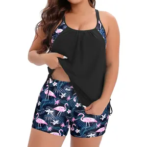 Holipick Flamingo Two Piece Plus Size Tankini Swimsuits for Women Tummy Control Bathing Suit Blouson Tankini Top with Boy Shorts