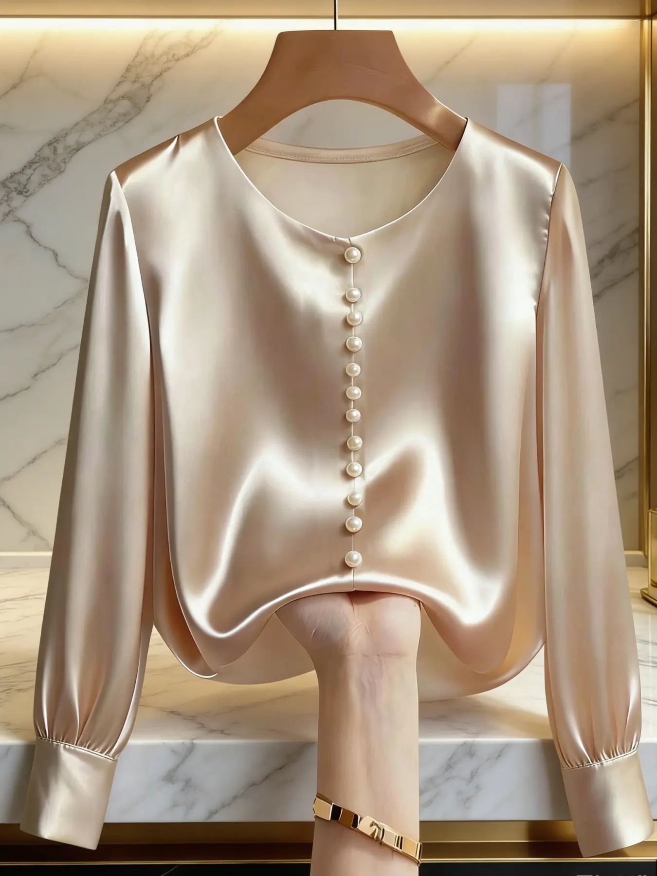 A women's casual elegant fashion apricot round-neck long-sleeved pearl-buttoned commuter Blouse top, suitable for all seasons, ideal for home, indoor, and outdoor wear Shirts