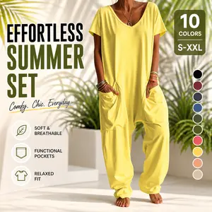 Women's Army Style Casual Loose Harem Jumpsuit - Deep V-Neck Short Sleeves, Large Pockets, Breathable Polyester-Spandex Loungewear, Lady's Tropical Office Wear, Matching S-XXL Sleepwear,summervibes