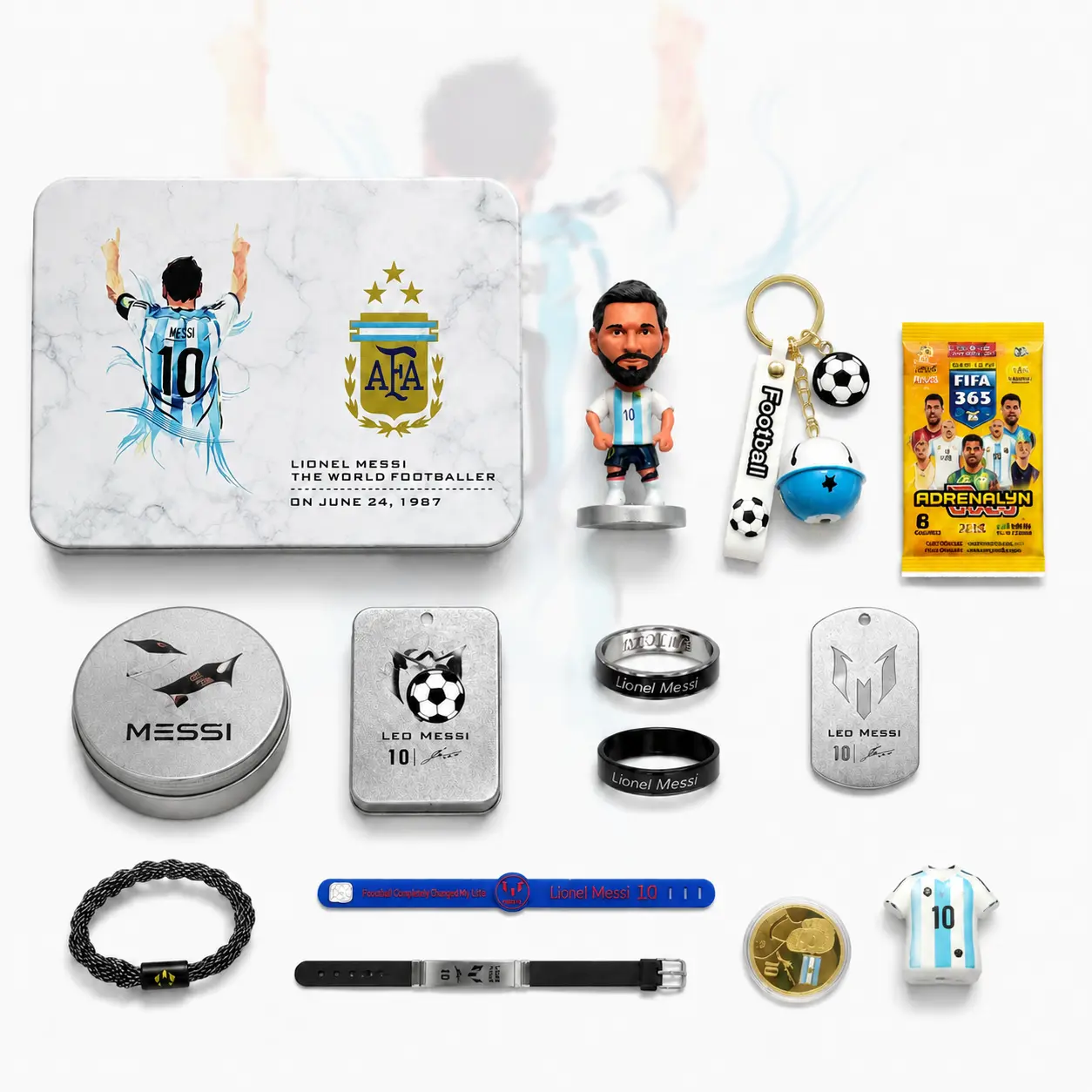 LM10 Soccer Fans Ultimate Gift Bundle (1 Keepsake Box + 1 Keychain + 1 Figure + 1 Necklace + 2 Rings + 1 Commemorative Coin + 5 Wristbands) - Premium Inter Miami Argentina No.10 Souvenir Set