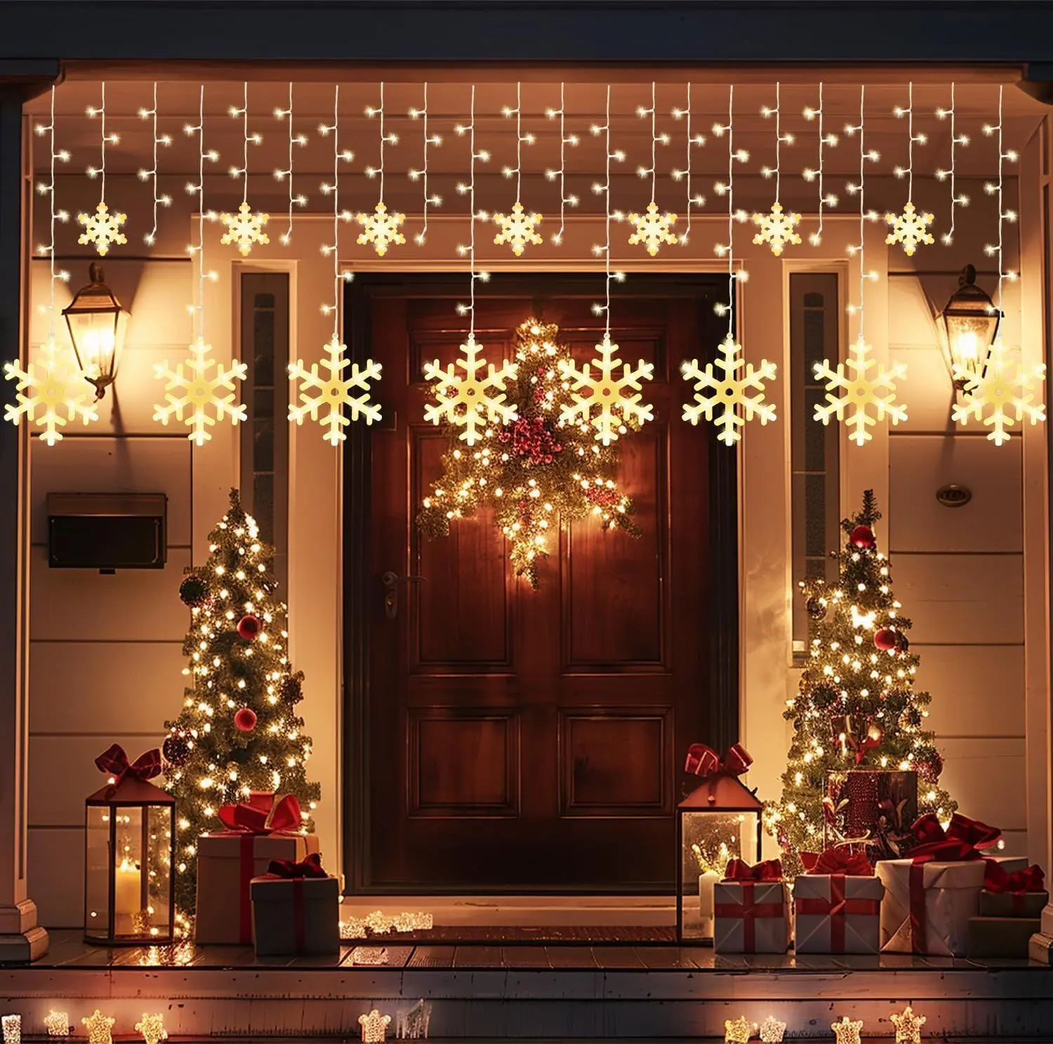 Snowflake Christmas Lights, 11.5Ft 158 LED Lights for Outside, Connectable Curtain String Light for Indoor & Outdoor – House Eaves, Window, Porch, Tree Holiday Decor, Warm White