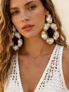 Vintage Symmetrical Metal Inlaid Imitation Baroque Pearl Earrings, Luxurious Statement Ear Rings for Women, Perfect for Various Occasions