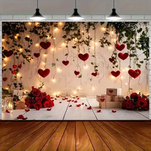 Summervibes 1PC 2D Flat Polyester Valentine's Day Romantic Heart Rose Backdrop Banner - Reusable Wedding Proposal Decoration Curtain, Indoor Shooting Prop Background Cloth with String Lights, Green Plants, Heart Elements, Ideal for Birthday Parties