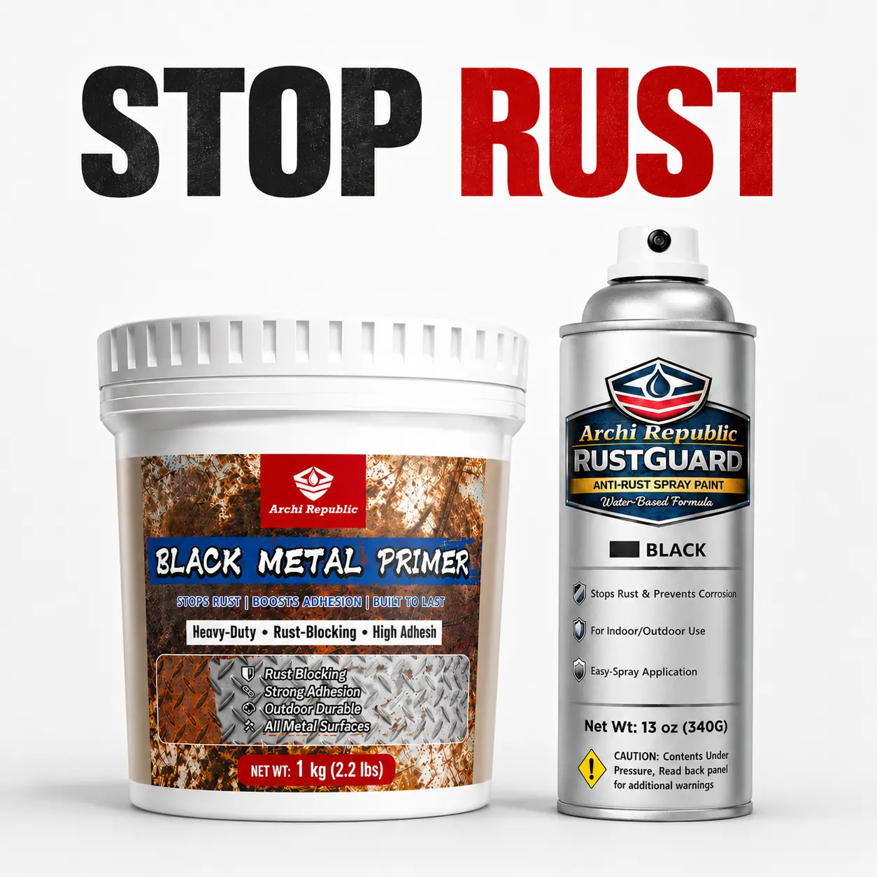 ARCHI REPUBLIC Black Rust Converter Primer - Heavy-Duty Anti-Rust Preventative Coating for Metal Surfaces (Home Improvement Building Supplies)
