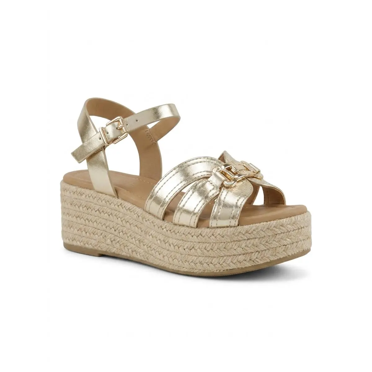 Gold Color Platform Sandals with Buckle Closure and Textured Sole for Women's Footwear