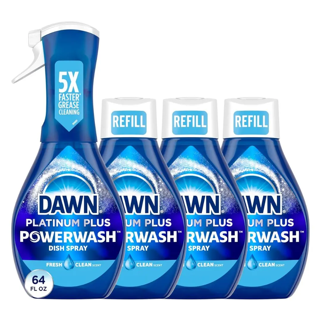 Dawn Platinum Powerwash Dish Spray 64oz + 3 Refills 16oz Each Fresh Clean Scent Bundle 5x Faster Grease Cleaning Dish Soap Liquid