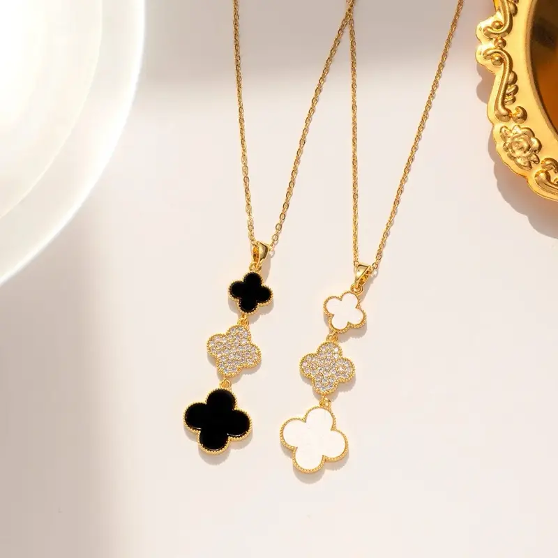 Tassel Black White Clover Necklace in Titanium Steel or Stainless Steel Elegant Jewelry for Women Available in Black or White
