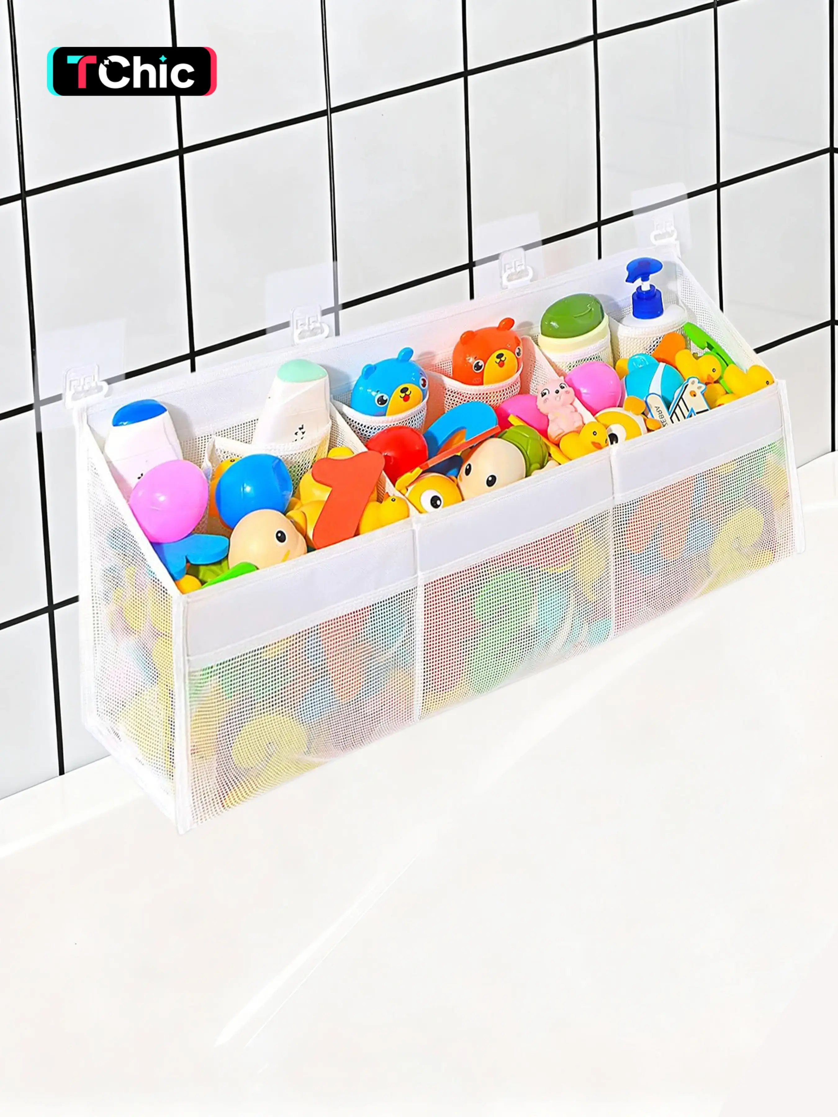 Original 3 Compartment Horizontal Large Openings Bath Toy Organizer for Tub, Capacity Upgrade Bath Toy Storage, Organizers and Storage for Easy Access and Sorting of Toys, Mesh Baskets, Home Organizer, Bathroom Storage Basket, Organizing Baskets