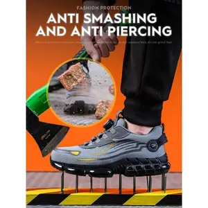 Men's Casual Lace Up Low Top Safety Shoes, Fashionable Breathable Comfortable Patched Rotating Automatic Buckle Design Work Shoes for Daily Wear, Perfect for Students and Outdoor Sports, Fall Shoes Closed Boy