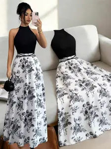Elegant Halter Neck Dress, Reveals Alluring Collarbone, High-Waisted Design, Retro Floral Pattern, Perfect for Office & Dates