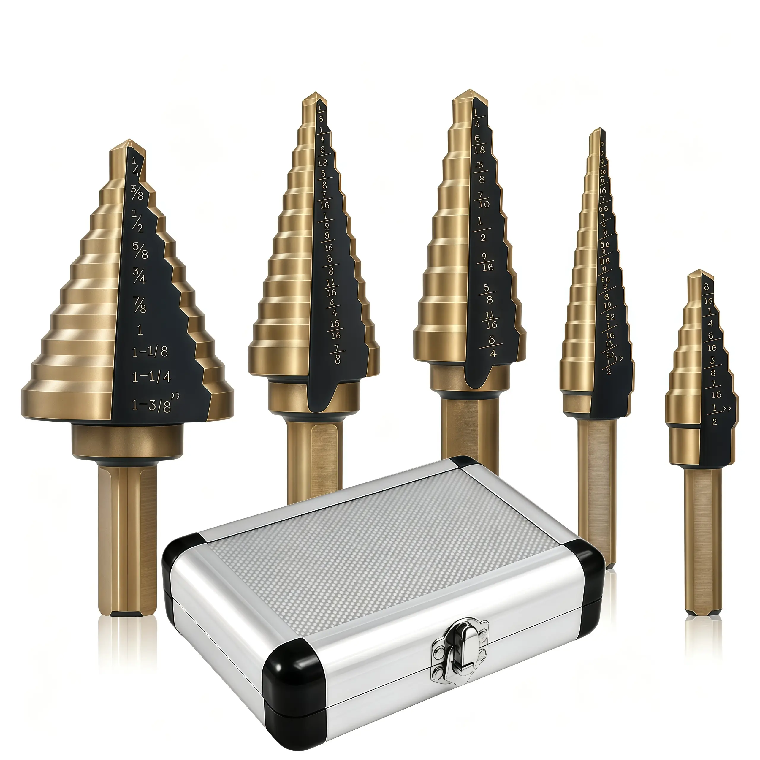 5PCS Titanium HSS Step Drill Bit Set, 50 Sizes High Speed Steel Unibit, Metal Hole Cutter for Sheet Metal, Aluminum Storage Case Included, DIY & Industrial Drilling Tools