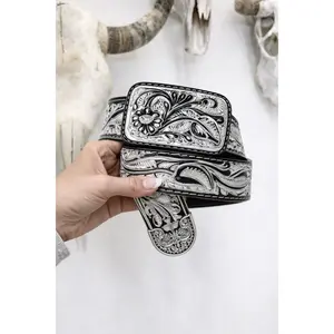 SILVER DESERT BELT Embossed Belt Buckle Tooled Leather Belt