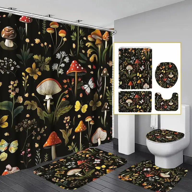 1/4pcs Retro mushroom and floral pattern Decorative Aesthetic shower curtain set, Bathroom Curtains Shower Set, non-slip mat, U-shaped rug, toilet seat cover, for bathroom decoration, partitioning, and beautifying, Includes 12 shower curtain hooks