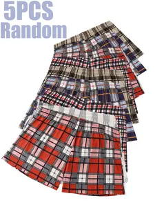 5PCS Men's Loose Fit Elastic Short Pants, Multi-Color Plaid Checked Pattern, Casual & Formal Replacement, Comfortable Clothing