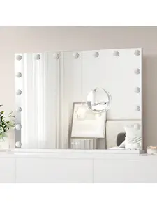 Adjustable Lighted Modern 32x24in Vanity Mirror with 17 LED Bulbs, 3 Color Modes, 3X Detachable Magnification, USB Charging Port, Metal Frame, Crystal Decor, Handy Hanging Switch, White Tabletop Furniture, Adjustable Lighted Mirror, Modern Mirror
