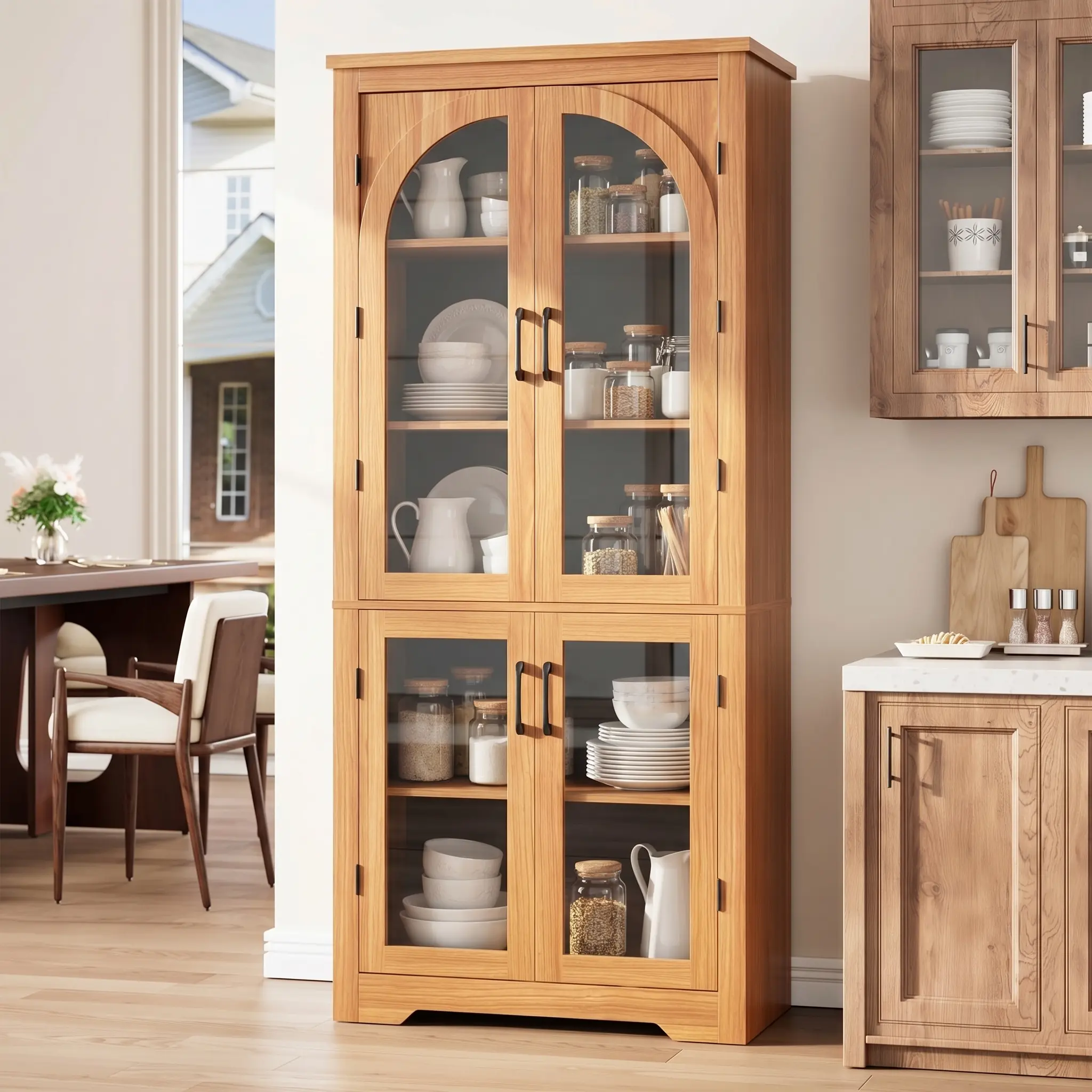 YJ-Garvee 31.50"W*15.6"D*70.1"H Kitchen Pantry Cabinet with 4 Arched Glass Doors and Adjustable Shelves, Versatile Cupboard Organizer for Kitchen, Dining Room, Living Room, Bathroom in Walnut, Natural, White, Black