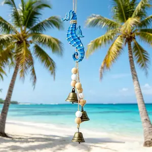 Coastal Resin Seahorse Wind Chime with Bell, Home Patio Porch Decor, Blue Seahorse Wooden Beads Rustic Metal Bell, Ocean Theme Hanging Decoration