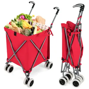 Folding Shopping Utility Cart with Water-Resistant Removable Canvas Bag_ Red