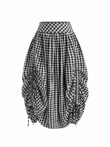 Multi-way 100% Cotton Mid Rise Gingham Drawstring Ruffle Hem Maxi Skirt