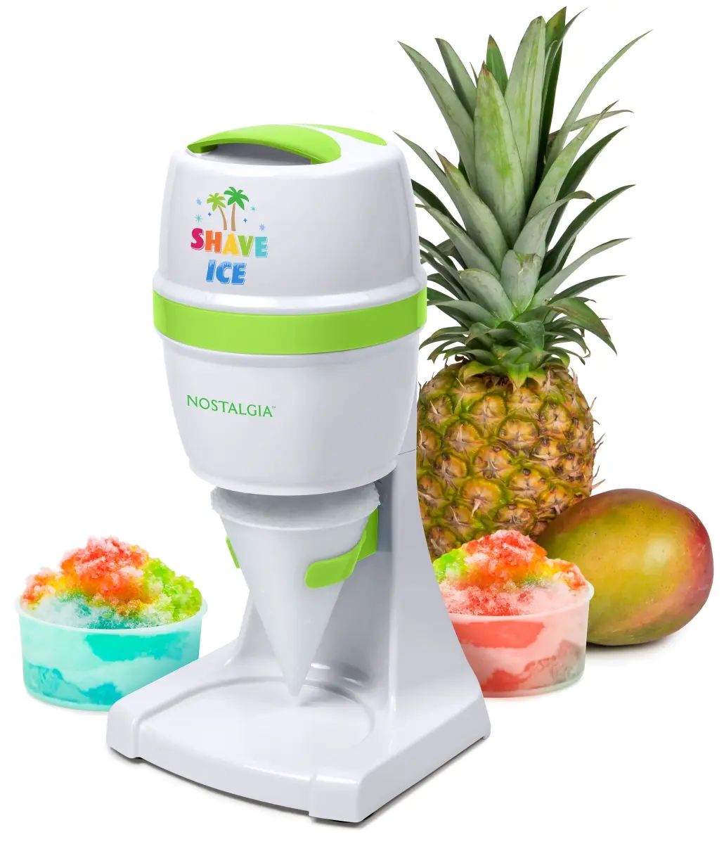 Nostalgia Stainless Steel Electric Shave Ice & Snow Cone Maker - 8oz Capacity, Push-Button Operation, Small Footprint, Extra Stability, Includes 6 lbs Plastic Ice Mold Set, for Birthday, Kitchen Countertop Use, Small Side Table