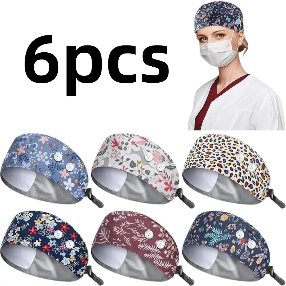 6 pcs Surgical Caps Women Scrub Caps with Button and Sweatband Soft Satin Lining for Nurses Various Departments