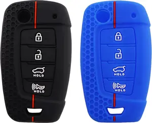 Silicone Key Fob Cover fit for Hyundai Elantra Accent Elantra GT Kona Santa Cruz Santa Fe Sonata Tucson Veloster Key Fob 4 Buttons (Black+Blue)