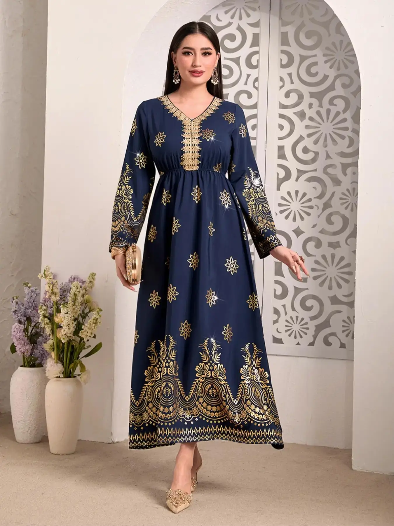 Women's Ethnic Pattern Ruched V Neck Arabian Dress, Boho Fashion Long Sleeve A Line Dress for Daily Holiday Vacation, Ladies Clothes for All Seasons