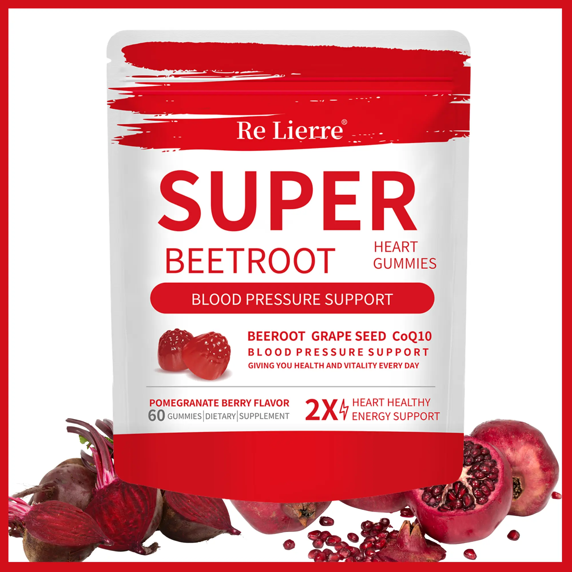Re Lierre Super Beet Root Gummies 60 Count Daily Vitality Natural Energy Boost Vegan Delicious Pomegranate Berry Flavor Heart Healthy Energy Support