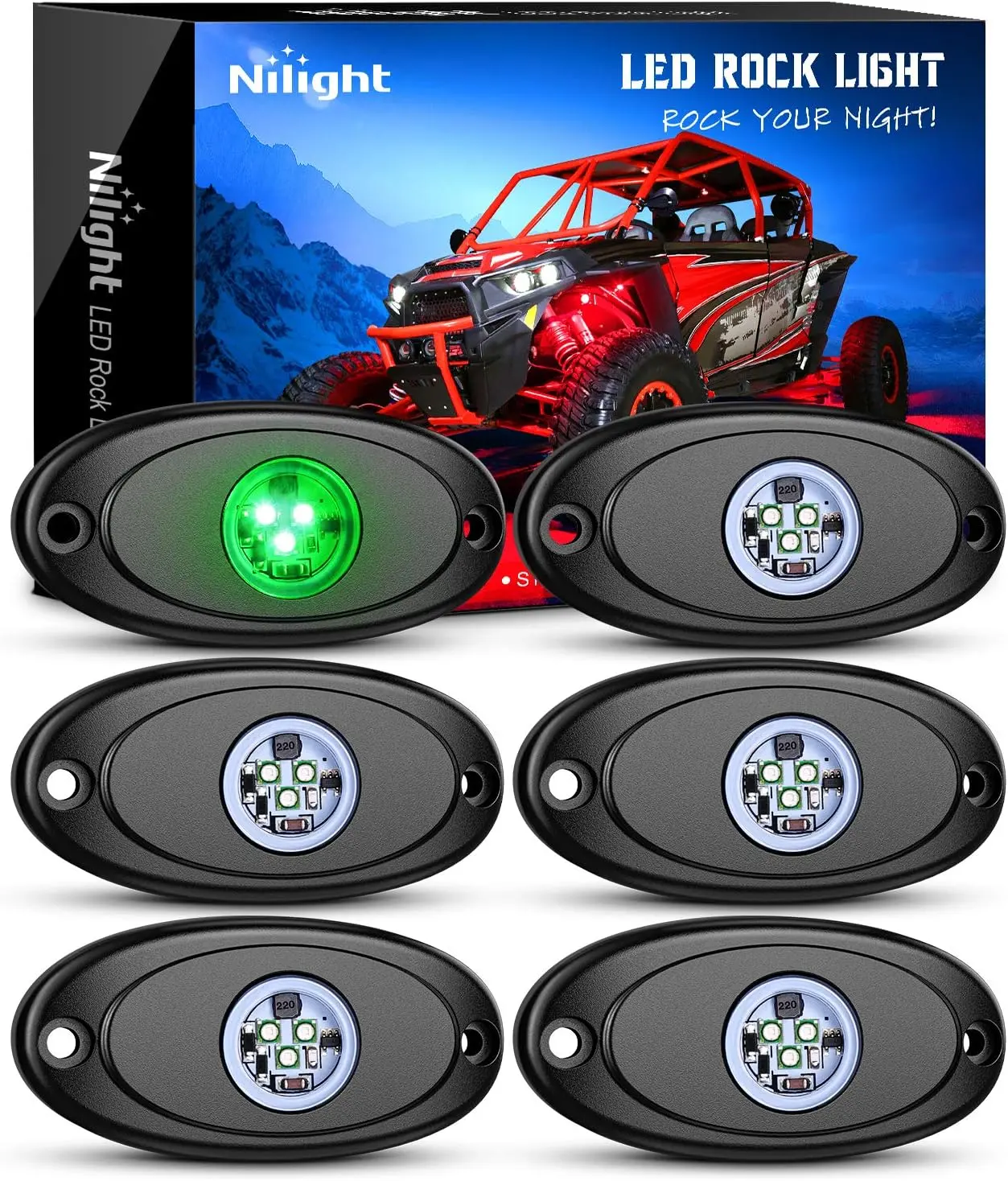 Nilight 6PCS Bright Green LED Rock Light Kit Set - Aluminum Anti-Scratch Undercarriage/Wheel Well Underglow, IP68 Rated Waterproof, 10-32V Simple Wire Harness & Mounting Hardware for Cars/Boats Lighting Upgrade, Led Light, Car Lighting