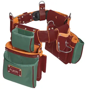 FUERI Nylon and Leather Tool Belt with Suspender comes with 19 Pocket with Adjustable Foam Padded Belt,Heavy Duty Pouches, 4 D-Loops, Leather Suspender and hammer holder for Carpenters & Electricians