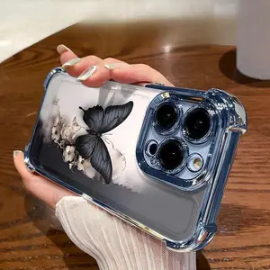 Dark Butterfly pattern electroplated four-corner airbag shockproof and anti-drop phone case. Suitable for iPhone 17 Pro Max, 16/15/14/13/12/11 Pro Max, and Samsung S25, S24, S23 (airbag shockproof transparent protective case). Smartphone Cellphone