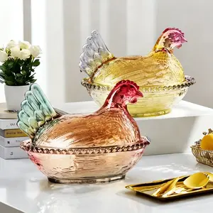 Vintage Glass Hen on Nest Dish with Lid - Large Pedestal Rooster Glass Candy Bowl, Colorful Crystal Candy Jar for Snacks, Dessert, Cookies |   Home Kitchen Office Tabletop Decor Storage Organizer Standing Organiser Canister Hand
