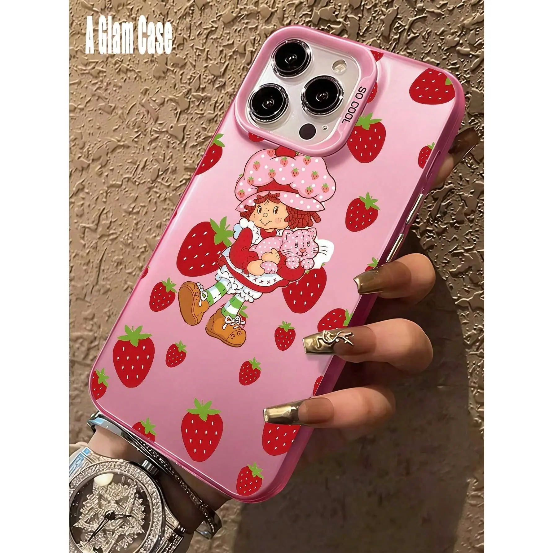 Pink Strawberry and Girl Pattern Cartoon Phone Case: Sweet and Cool Style. Bright pink, shockproof, suitable for iPhone 17/16/15/14/13/12/11/X/XS/XSMAX/XR/16E/17E, birthday gift, suitable for both men and women, Tpu, Fits Iphone, Accessories, Smartphone s