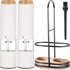 Salt and Pepper Grinder Set with 1 Portable Spill Proof Base 2 Packs Battery Operated Salt Pepper shakers with Adjustable Coarseness Light Wheat Straw Grinder for