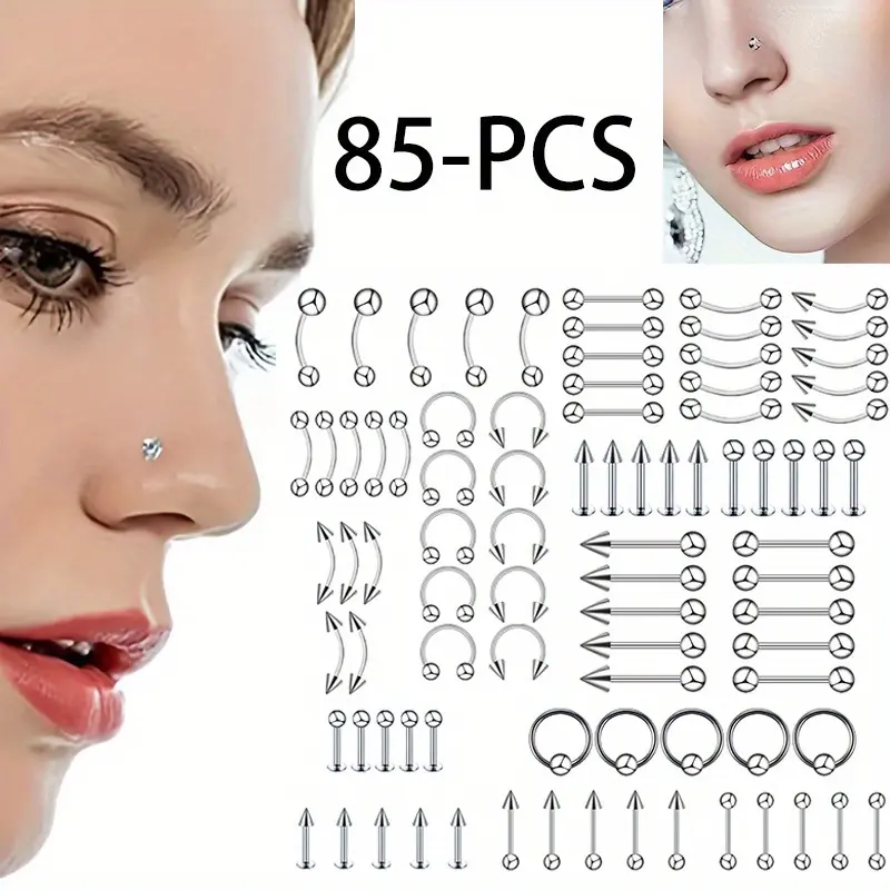 85PCS Classic Eyebrow Nail, Nose Ring, Nose Nail, Tongue Nail, Navel Nail, Septum Clicker，Eyebrow Puncture Nail Set Stainless Steel Mixed Nose Ring Nose Stud Jewelry Piercing Set Body Piercing Jewelry